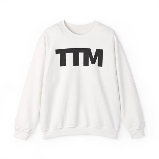 White sweatshirt with 'TTM' text on a white background